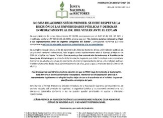 Rectores de las universidades públicas exigen la incorporación de Idel Vexler como representante de CEPLAN